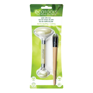 Jade facial roller duo set shown in green retail packaging with jade rollers and wood handle