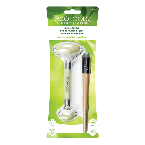 Jade facial roller duo set shown in green retail packaging with jade rollers and wood handle