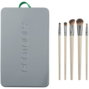 Eye makeup brush set with embossed metal tin and five beige-handled brushes