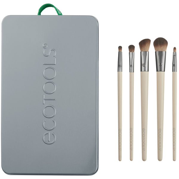 Eye makeup brush set with embossed metal tin and five beige-handled brushes