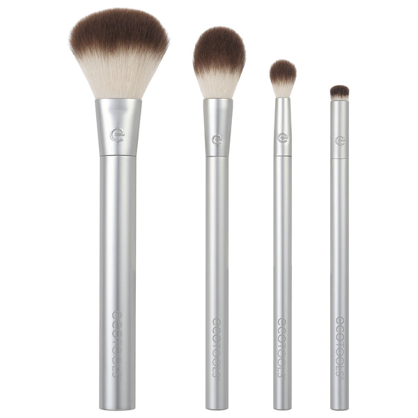 Cheek and eye highlight makeup brush set, 4 silver handles with brown bristles