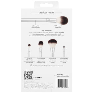 Cheek and eye highlight brush set packaging showing four silver brushes with brown bristles