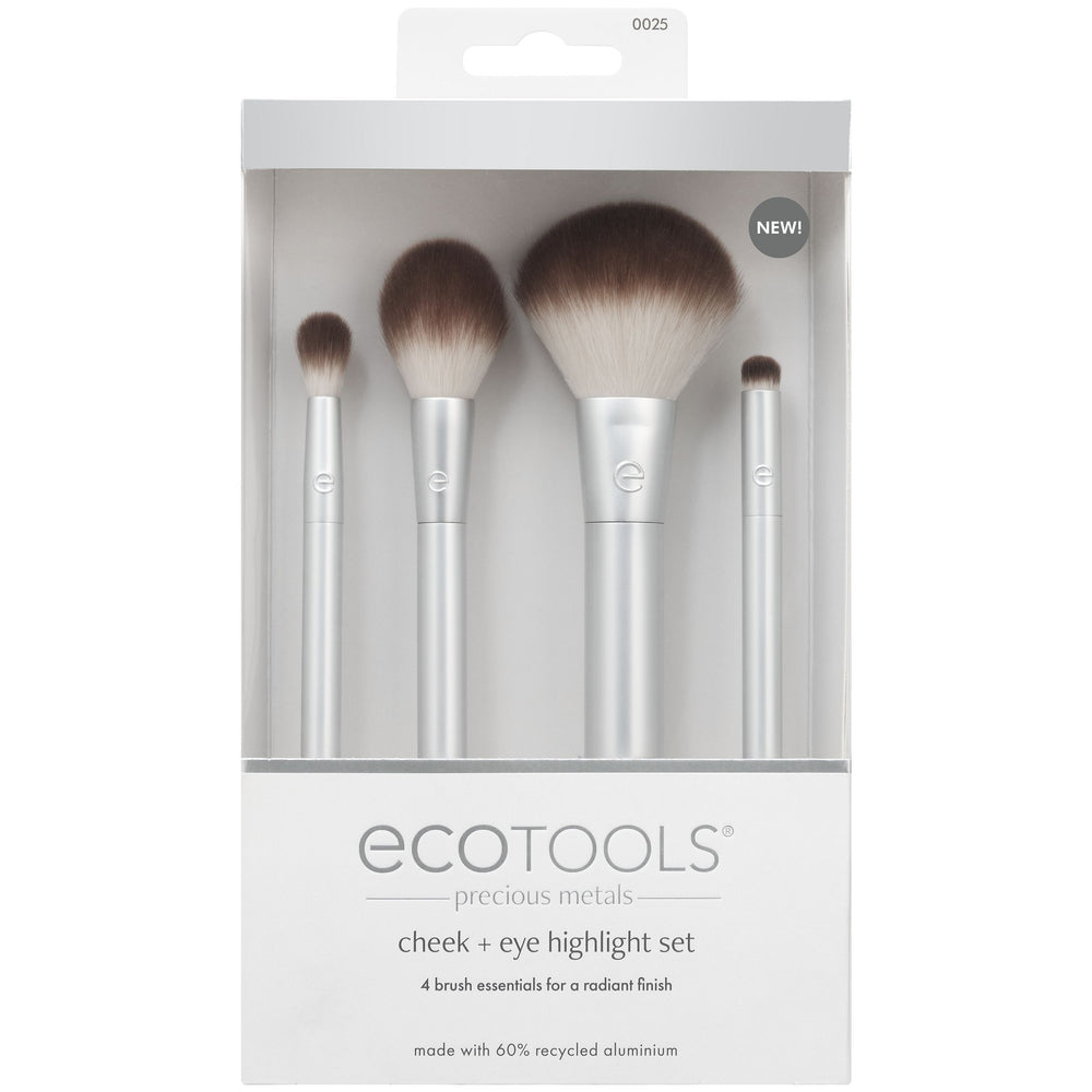 Cheek and eye highlight makeup brush set, 4 silver handles with brown bristles