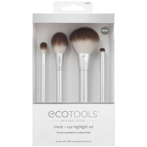 Boxed cheek and eye highlight set with four silver brushes and dense brown bristle heads