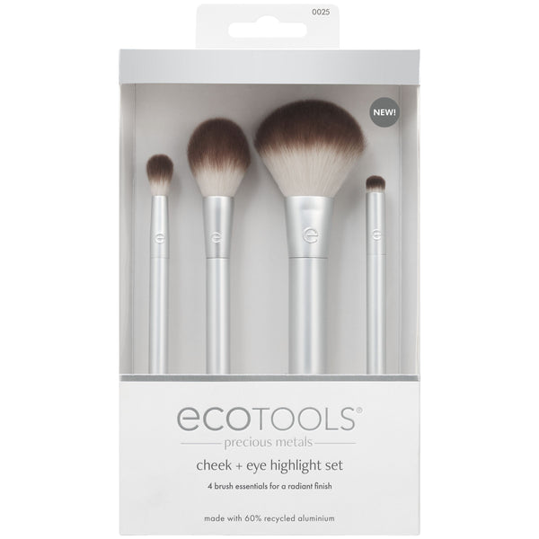 Boxed cheek and eye highlight set with four silver brushes and dense brown bristle heads