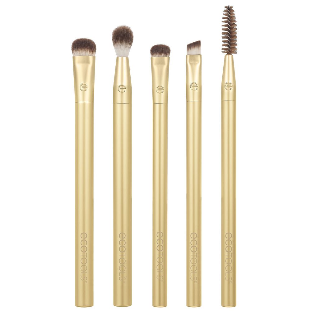 Gold eye makeup brush set with five precision brushes and dark brown bristles.