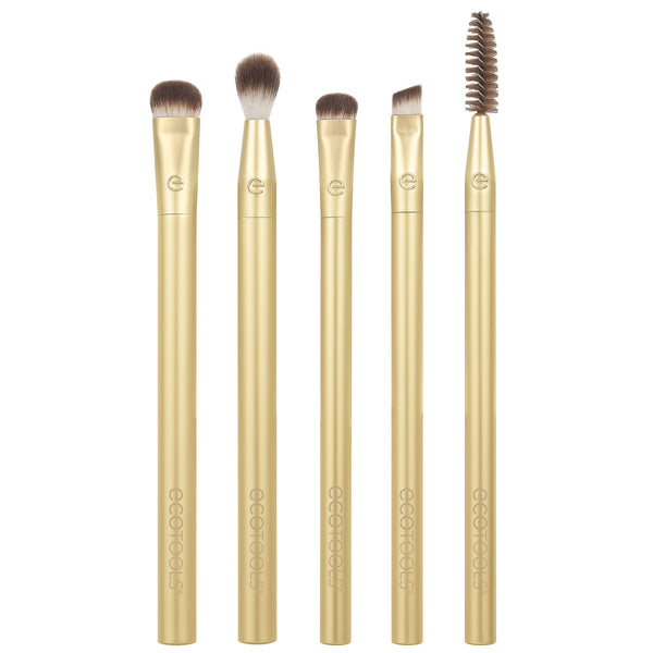 Gold eye makeup brush set with five precision brushes and dark brown bristles.