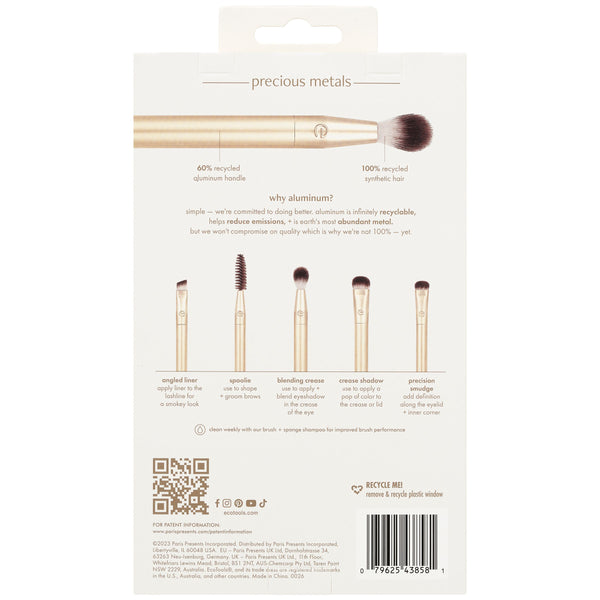 Back card for gold eye brush set showing five brushes and usage icons.