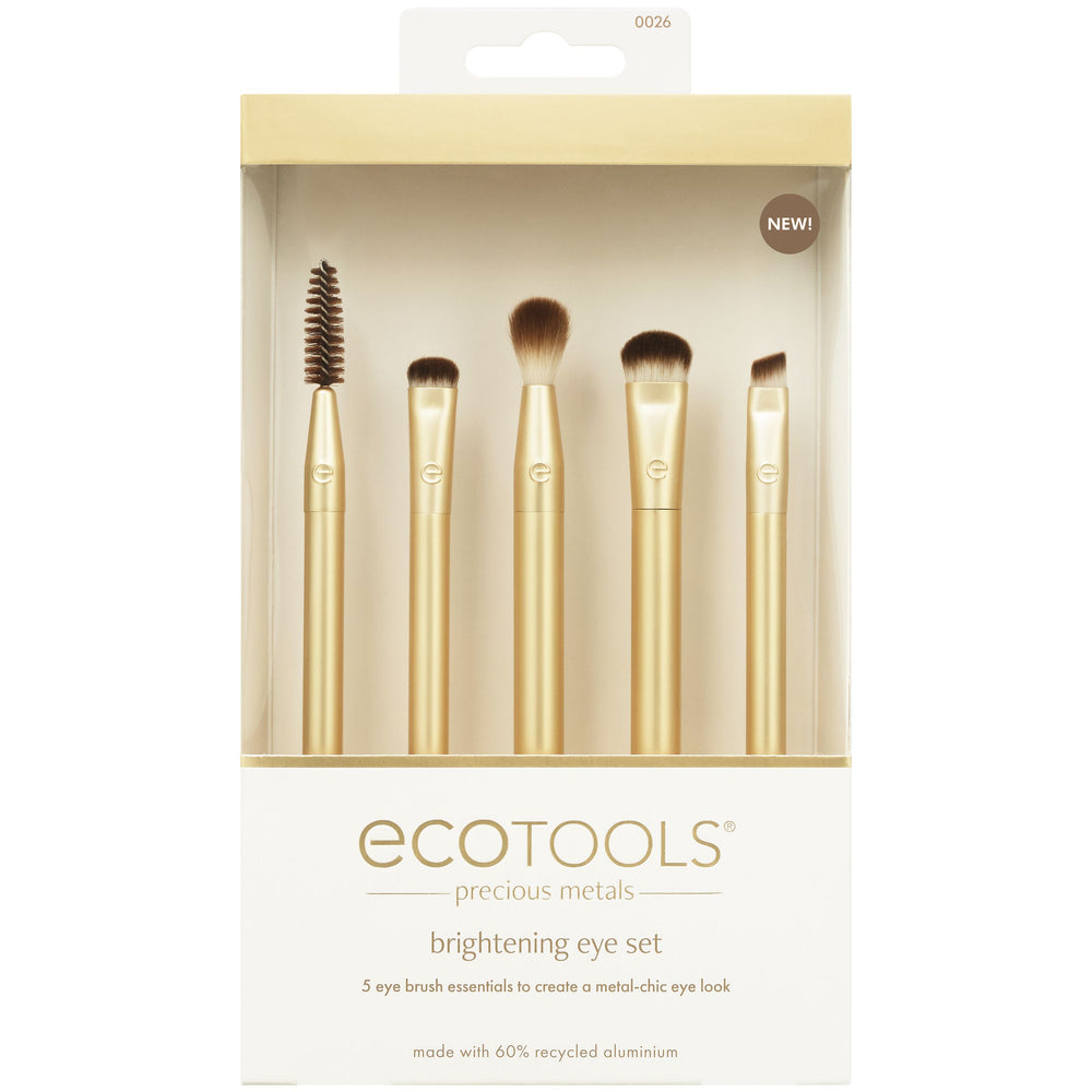 Gold eye makeup brush set with five precision brushes and dark brown bristles.