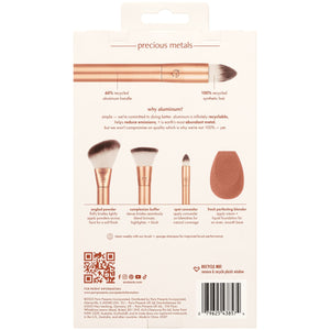 Back of makeup brush set box with brush shapes and teardrop blending sponge.
