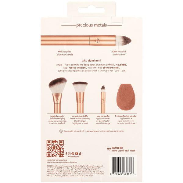 Back of makeup brush set box with brush shapes and teardrop blending sponge.