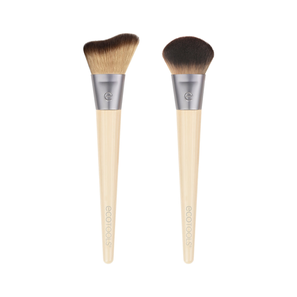 Blush and highlight brush set with two tapered heads, beige handles, and soft brown bristles