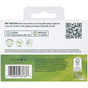 Facial blotting papers package back with barcode and usage instructions
