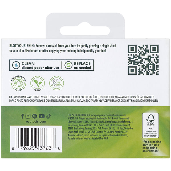 Facial blotting papers package back with barcode and usage instructions