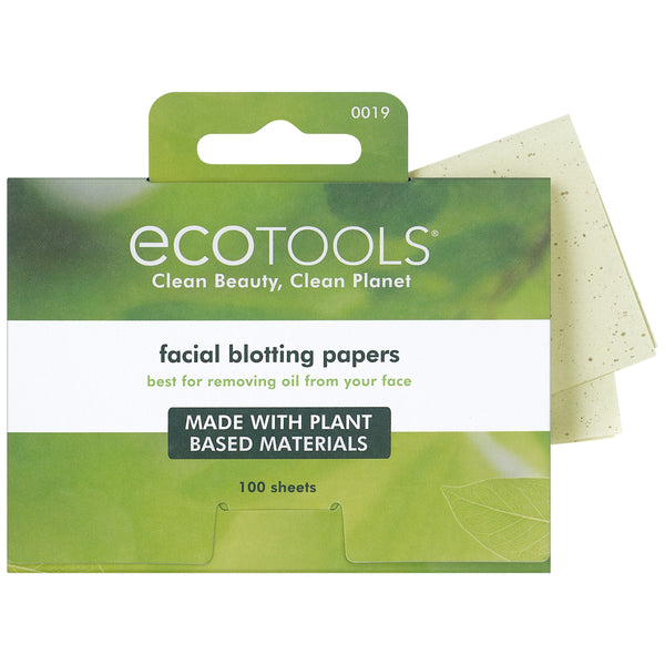 Facial blotting papers box with eco tools branding and plant-based materials claim