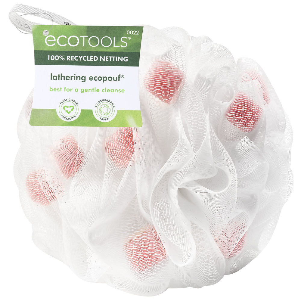 White bath pouf sponge with pink-red mesh dots and soft net texture