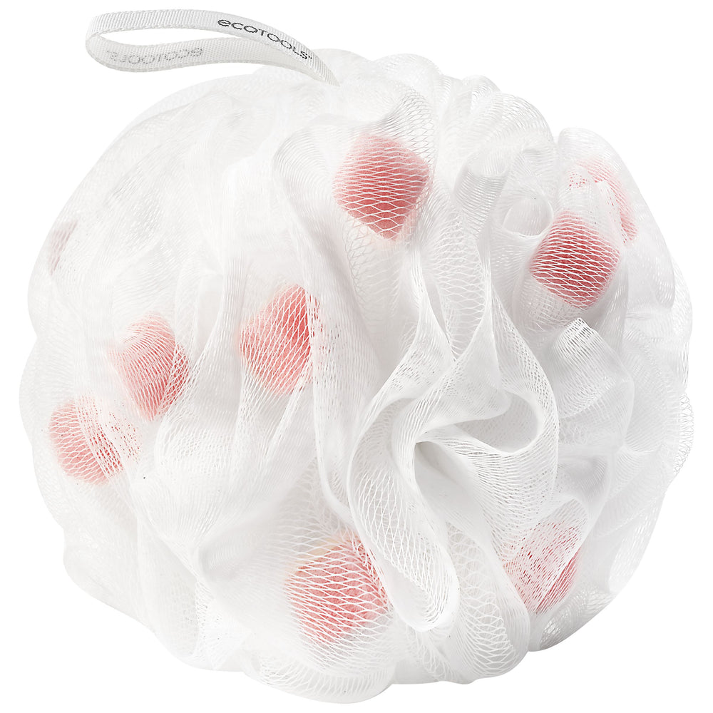 White bath pouf sponge with pink-red mesh dots and soft net texture