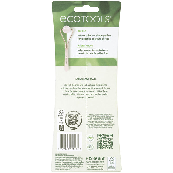 Packaged rose quartz facial roller with pink handle and small round stone head