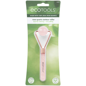 Rose quartz facial contour roller with pink handle and oval stone head, in retail package
