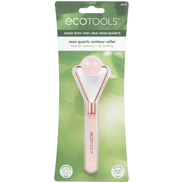 Rose quartz facial contour roller with pink handle and oval stone head, in retail package