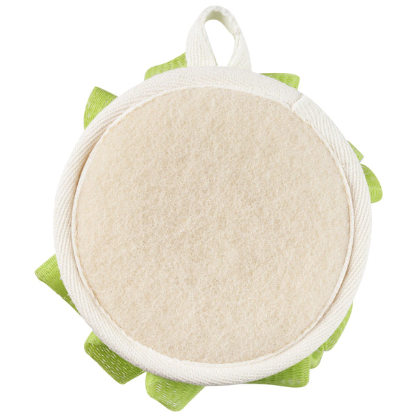 Round dual cleansing pad, beige loofah face with white loop and green ribbon tabs