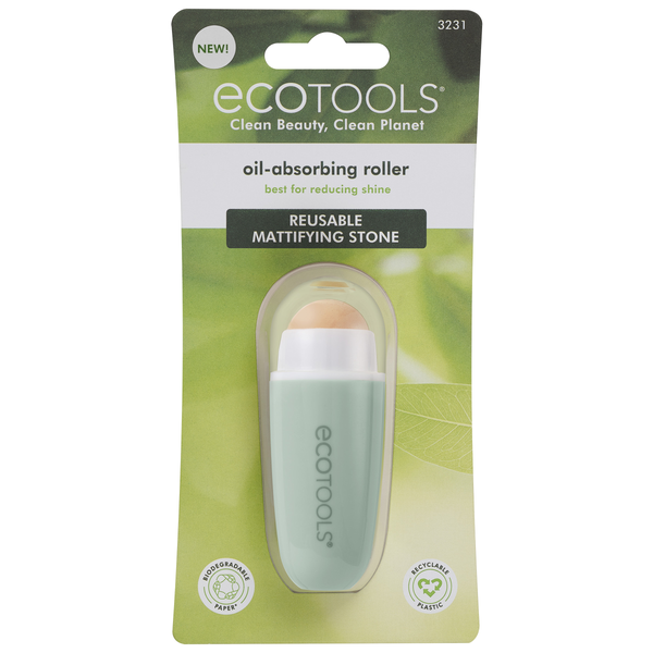 Oil-absorbing facial roller blister pack with reusable matifying stone shown