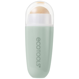 Oil-absorbing facial roller, mint-green body with white cap, top stone visible