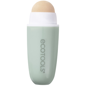 Oil-absorbing facial roller, white cap and mint-green body, stone end at top