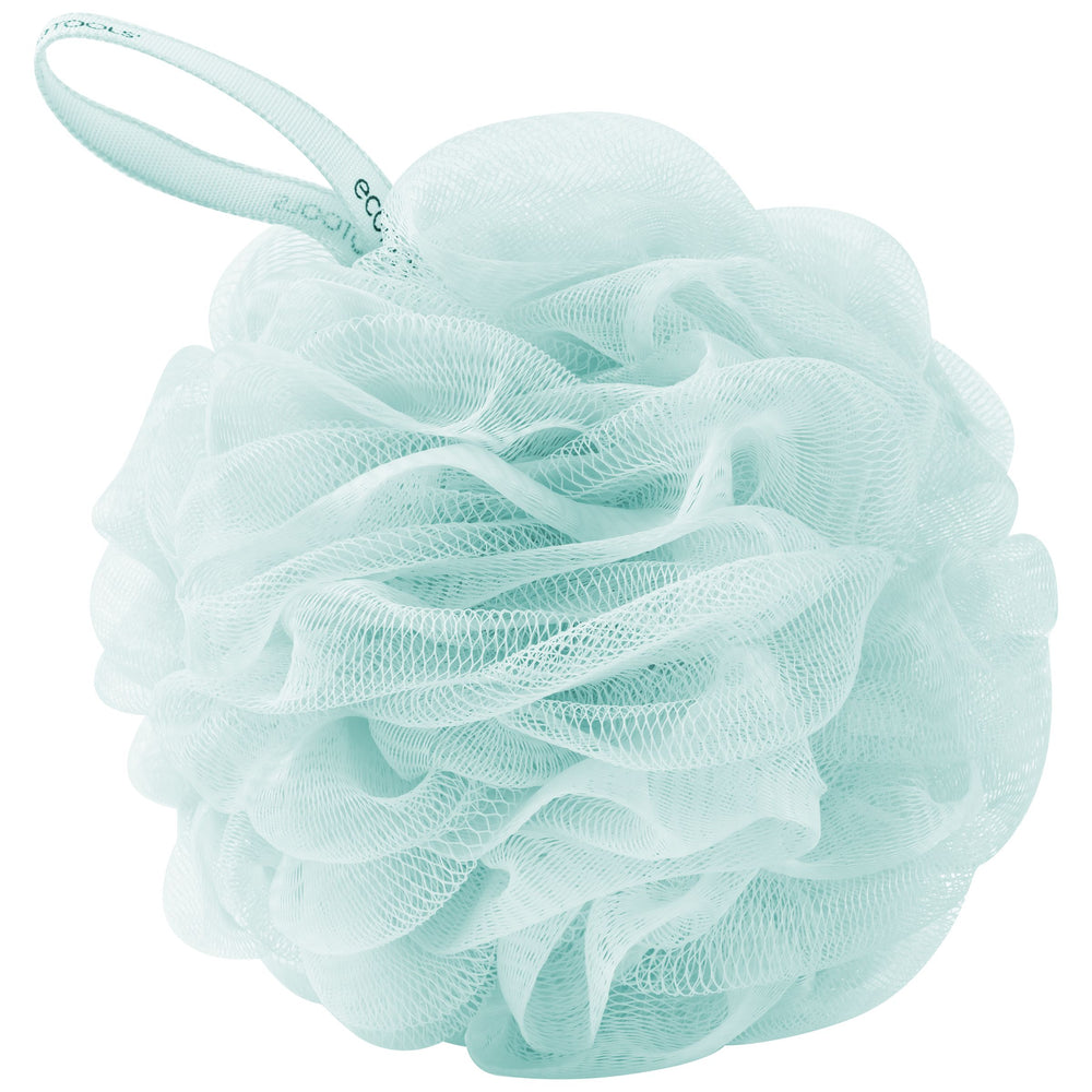 Light blue mesh cleansing pouf with loop handle and ruffled sponge texture