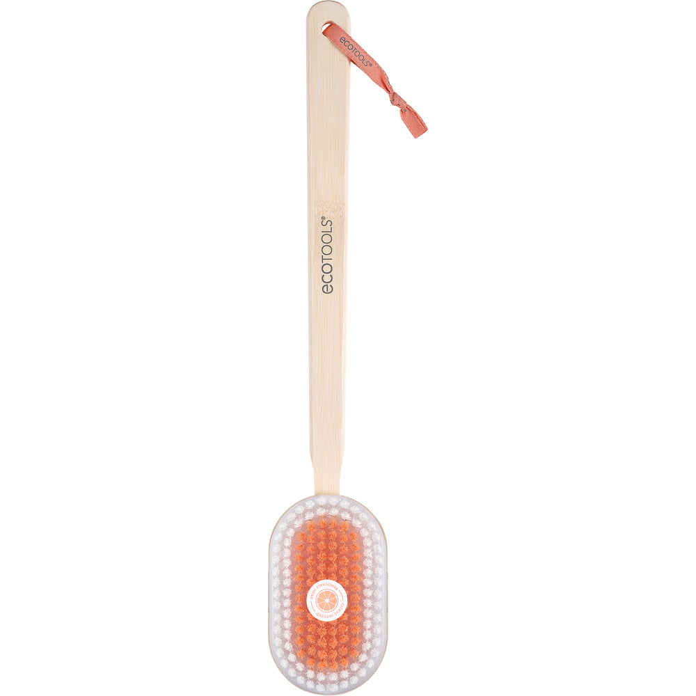 Multi-Tasking bath brush with bamboo handle and orange bristle body brush head