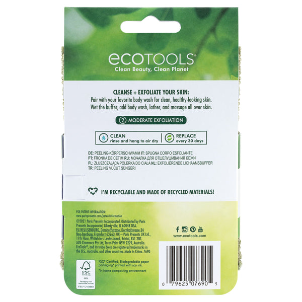 Exfoliating body buffer blister pack card with green scrubbing pad and eco label
