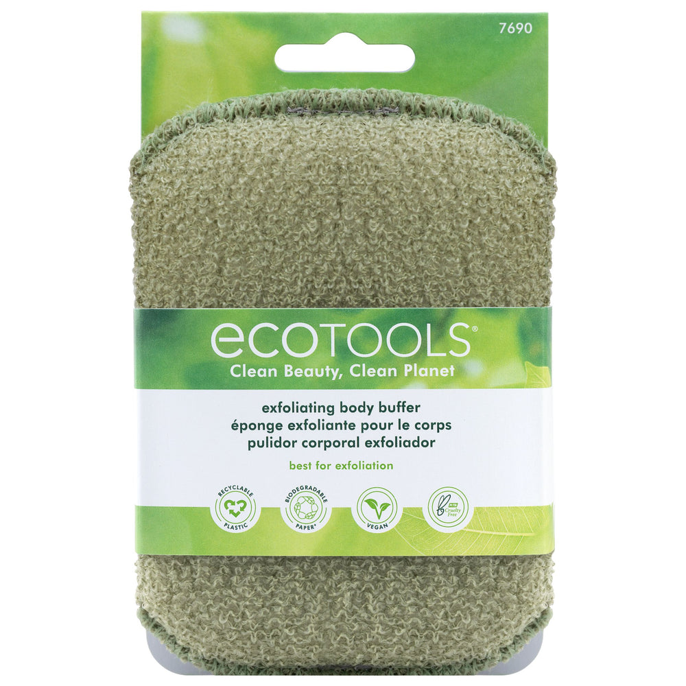 Olive-green exfoliating body buffer with light-green loop strap across the back
