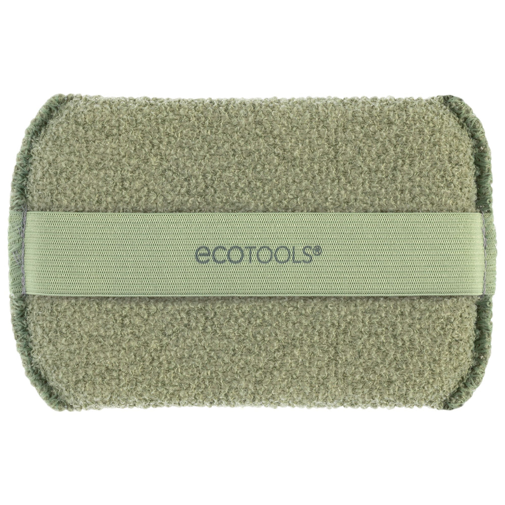 Olive-green exfoliating body buffer with light-green loop strap across the back