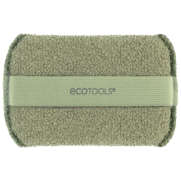 Olive-green exfoliating body buffer with light-green loop strap across the back