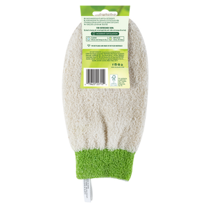 Bath shower mitt back view with barcode tag and green cuff