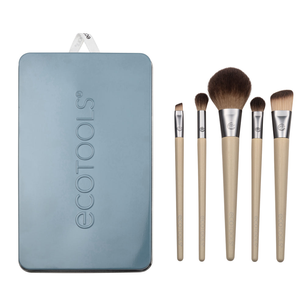 Fresh face makeup brush kit: teal case with five beige-handled brushes