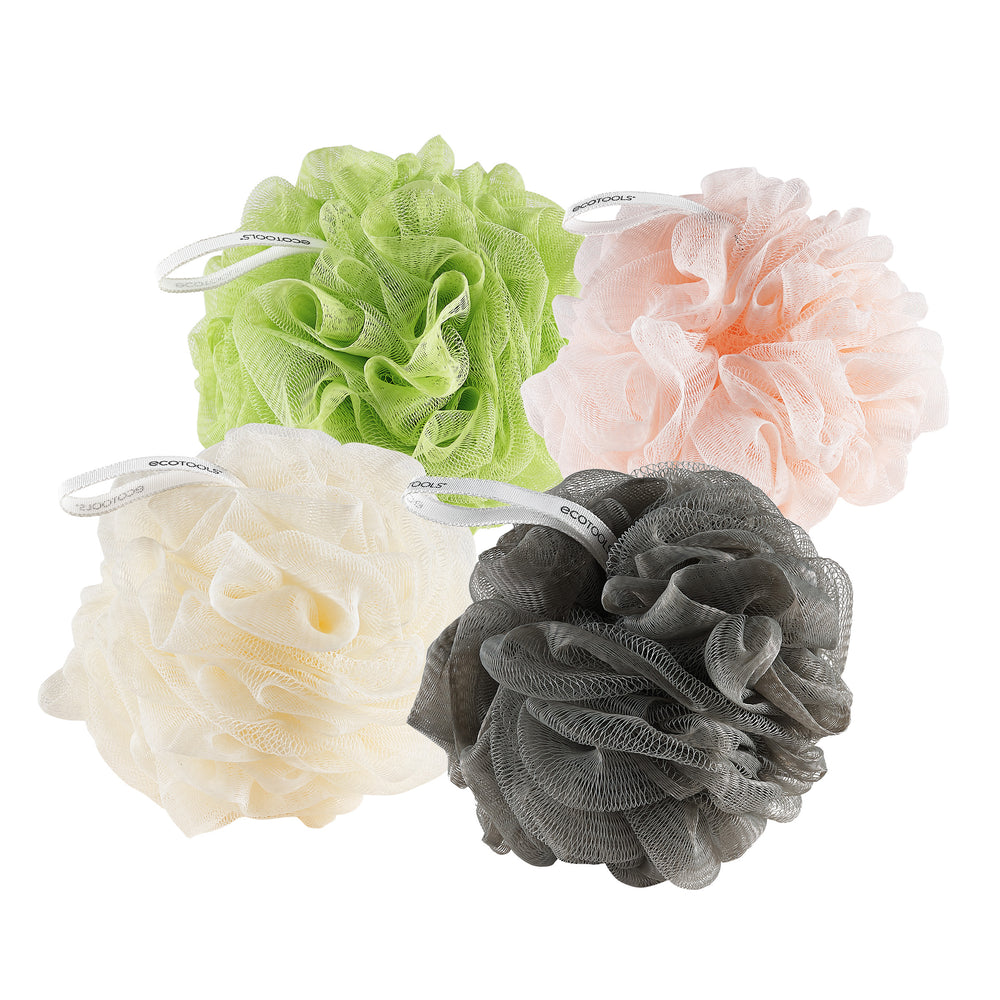 EcoPouf® bath sponge set, four ruffled mesh colors: green, pink, white, dark gray