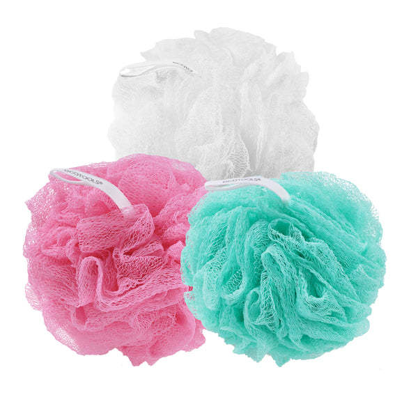 Set of three exfoliating bath sponges: white, pink, and teal, round textured mesh