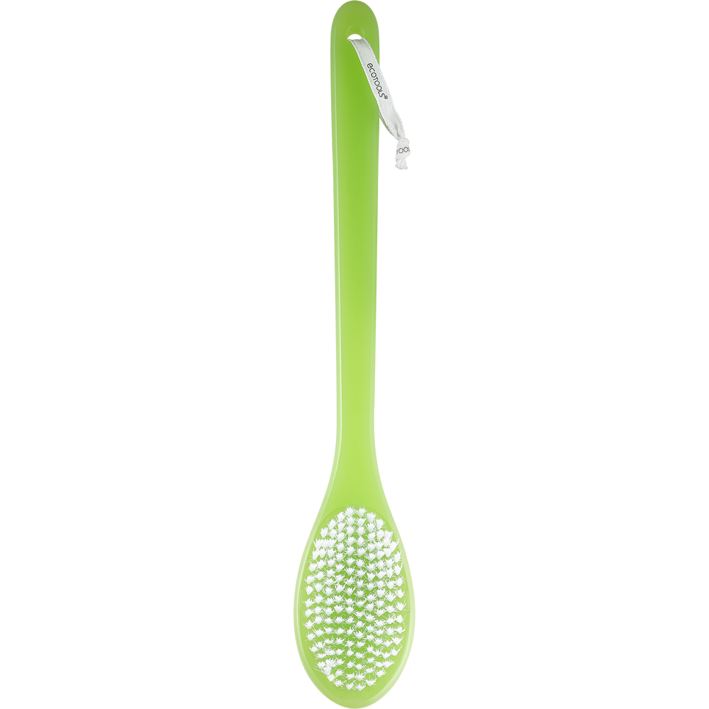 Green bath brush with long handle and white oval scrubbing pad head