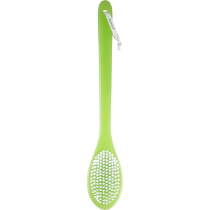 Green bath brush with long handle and white oval scrubbing pad head