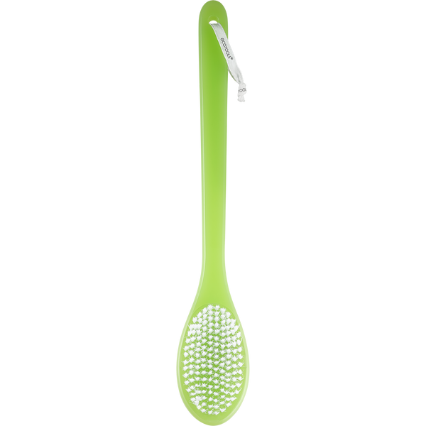Green bath brush with long handle and white oval scrubbing pad head