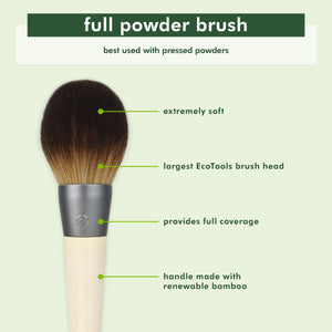 Full powder brush with large rounded bristles and bamboo handle