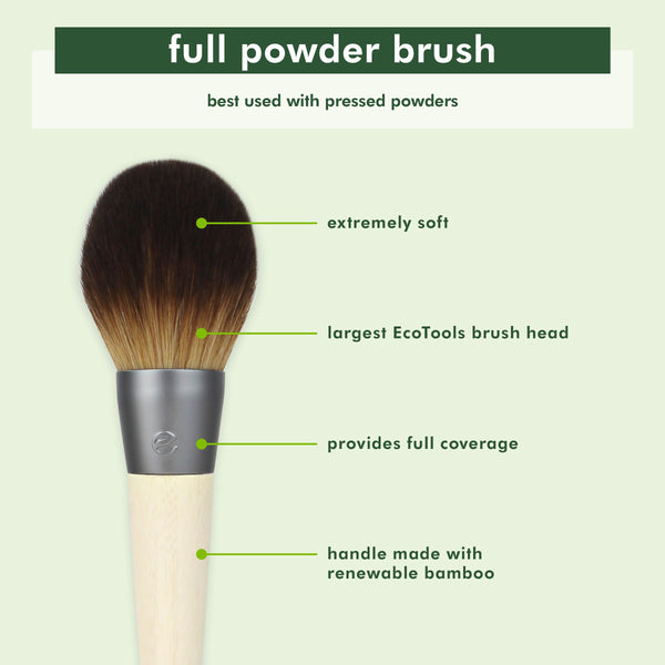 Full powder brush with large rounded bristles and bamboo handle