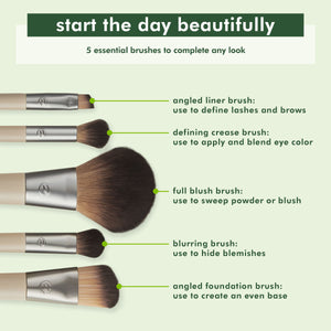 Five makeup brushes with angled liner, crease, full brush, blending, and foundation heads