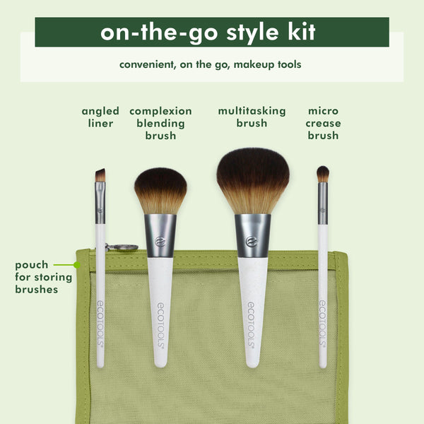 On-the-go makeup brush kit with green organizer pouch and 4 face brushes.