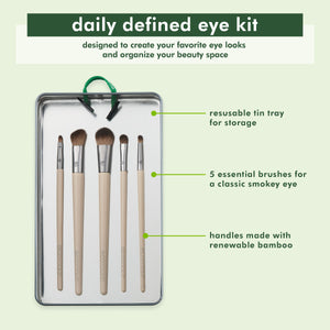 Eye makeup brush kit with five brushes in a reusable metal tin tray