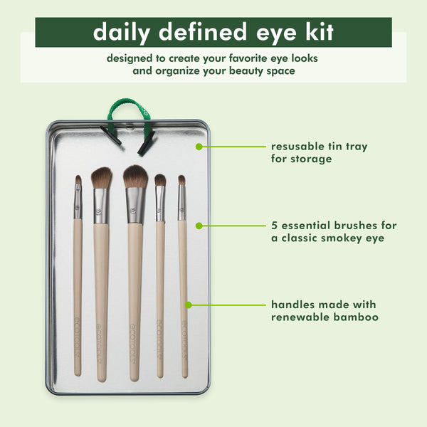 Eye makeup brush kit with five brushes in a reusable metal tin tray
