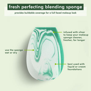 Fresh perfecting blending sponge with buildable coverage diagram and teardrop sponge shown.