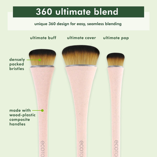 Three makeup blending brushes with pink speckled handles and dense golden bristles