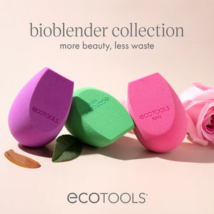 Set of teardrop makeup sponges in purple, green, and pink